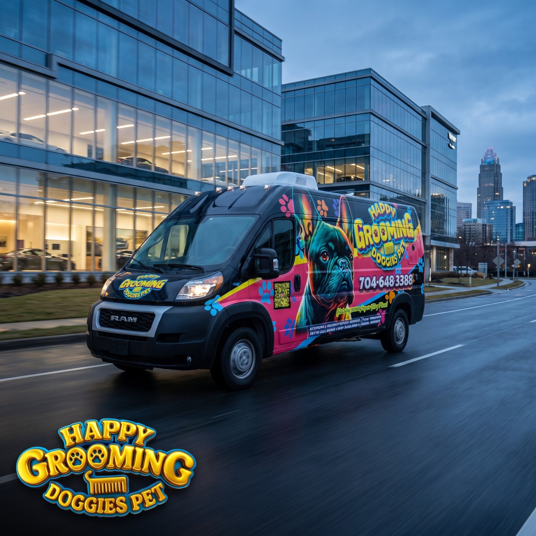Happy Doggies mobile grooming van on the road serving the Charlotte area